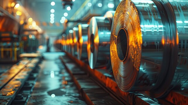 Steel rolls in an industrial factory setting, ideal for manufacturing and industrial applications