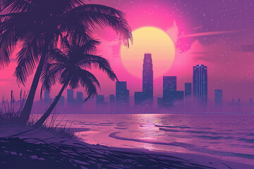 A beautiful sunset over a beach with palm trees and a city in the background.