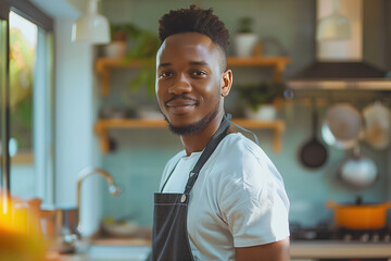 Fototapeta premium Portrait of African-American Man in His Mid 30s, Focused on Washing Dishes at Home in an Apron