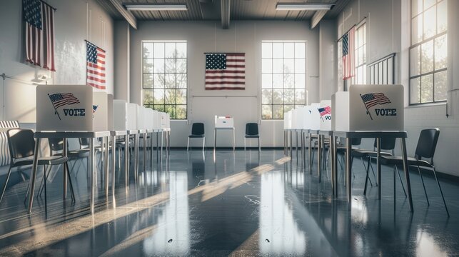 Interior of an empty polling place in the US. Row of empty white voting booths with American flags at the ballot station. Elections in the USA, democracy concept r