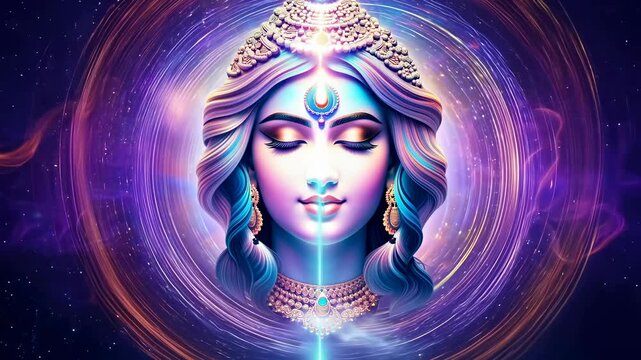 A peaceful, serene image depicting Lakshmi, the Hindu Goddess of wealth, prosperity, and beauty, meditating in a cosmic setting. Light radiates from her third eye, symbolizing enlightenment and inner 