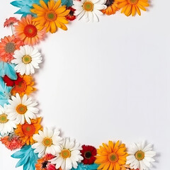 Fototapeta premium Floral frame made of nice blue, magenta, orange flowers, copy space for text. Tender blossom on light background. Greeting card, wedding invitation concept, happy mother day, save the date