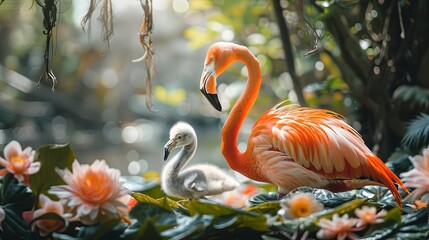 Fototapeta premium flamingo with baby flamingo, banner