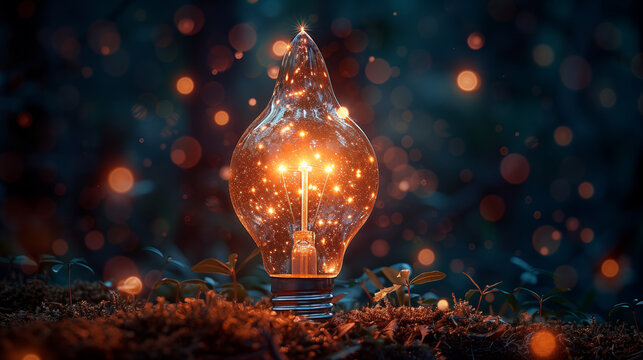 Glowing lightbulb illuminating magical forest floor with sparkling filament and sprouting seedlings. Concept of inspiration, growth, and imagination