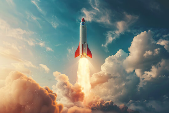 A space shuttle is launching into the sky, leaving a trail of smoke behind it.