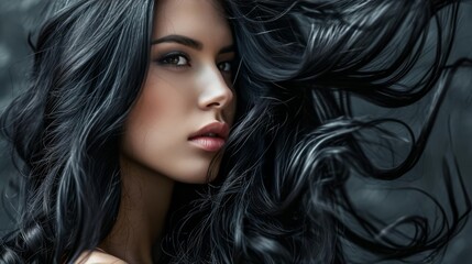 Naklejka premium Beautiful woman with luxurious black long hair as background. Fashion lady with brunette Saturated healthy shiny hair after dyeing. Concept of recovery structure. Hair cosmetics, haircare