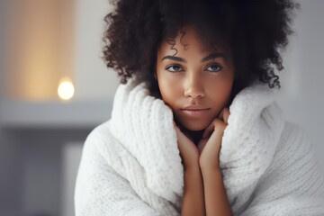 Obraz premium Stylish African american woman in knitted white sweater relaxing at modern fireplace. Cozy warm moments at cold season. Young female resting. Cold houses in Europe concept during energy and gas crisis