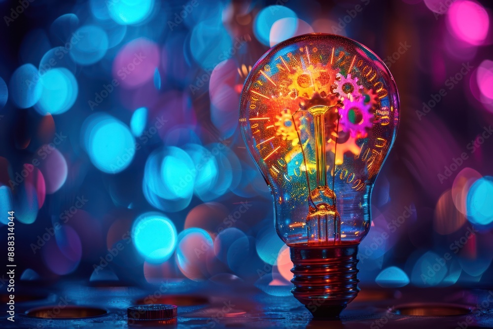 Poster a glass light bulb with colorful gears spinning inside, illuminated by colorful bokeh creating movem