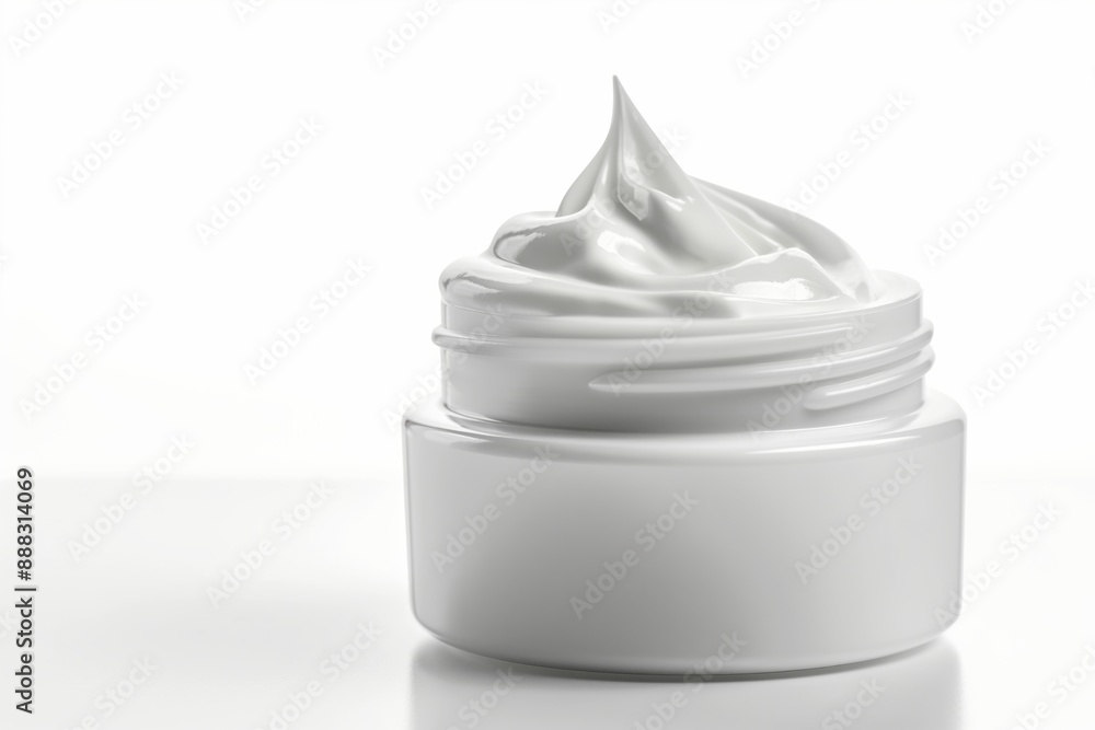 Poster a white jar of cream sits on a white table. the jar is almost empty, with only a small amount of cre