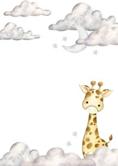 Safari watercolor hand-drawn illustration with baby giraffe, clouds, moon and stars for kids, template for greeting cards or invintations 