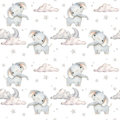 Safari watercolor hand-drawn seamless pattern with baby elephant, clouds, moon and stars for kids