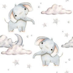 Safari watercolor hand-drawn seamless pattern with baby elephant, clouds, moon and stars for kids