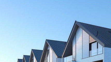 detailed view of a suburban modern home's roofline against a clear blue sky, emphasizing its unique architecture
