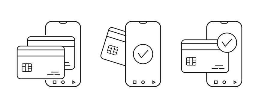 thin line easy contactless payment icon, Phone with credit card, check mark outline icon, Online payment concept. Digital money transfer. Secured or verified bank wallet. eps 10.