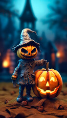 Naklejka premium A Jack-O'-Lantern's Haunting Gaze on a Spooky Halloween Night