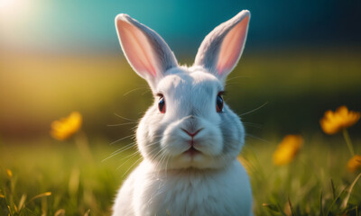 Fototapeta premium Lovely white bunny easter rabbit stand on spring meadow grass. Cute fluffy rabbit. Lovely small pet with beautiful bright eyes. Concept of Pascha, Resurrection Sunday, Christian cultural holiday