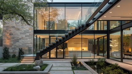 contemporary suburban home with a transparent staircase visible through the glass facade, creating a focal point of modern elegance