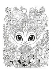 Cute alien decorated with flowers. Art therapy. For children and adults. Coloring page. Illustration for coloring, printing on fabric and paper.