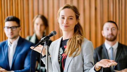 female speaker giving her speech at the business conference