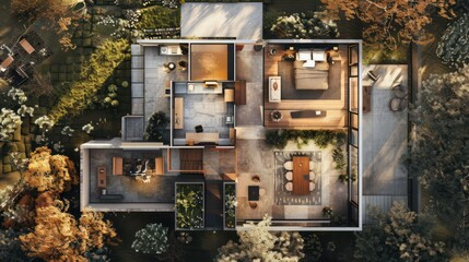 birda??s eye view of a suburban mid-century modern home's layout, emphasizing the open floor plan and integration with nature