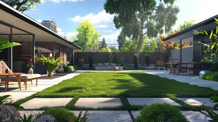 backyard setup of a suburban mid-century modern home, featuring a sleek patio and a manicured lawn