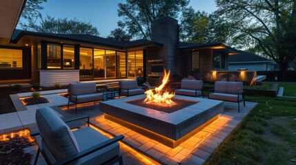 backyard fire pit area of a suburban mid-century modern home, designed with modern seating and ambient lights