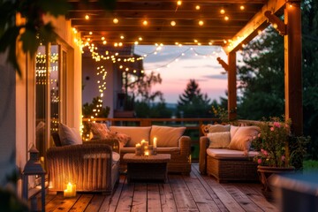 Cozy outdoor patio with warm lighting, comfortable wicker furniture, and sunset view, ideal for evening relaxation, inviting ambiance concept