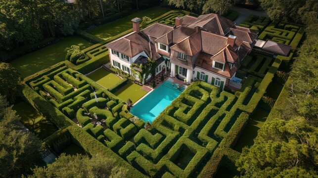 birda??s-eye view of a suburban farmhouse with an L-shaped design, featuring a large pool and a meticulously maintained hedge maze