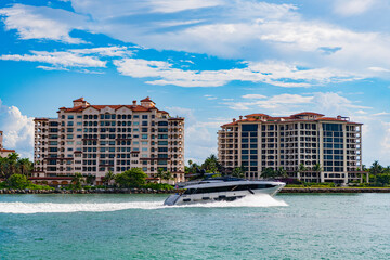 Fisher Island travel destination. Yacht in Miami beach. Luxury lifestyle. Summer vacation. A luxury...