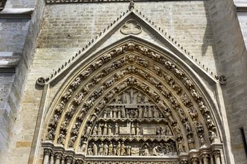Fragment of Amiens Gothic Cathedral (Basilique Cathedrale Notre-Dame d'Amiens, 1220 - 1288). The...