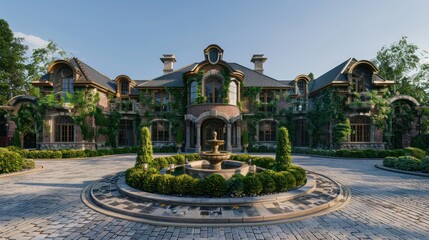 charming suburban home with a circular driveway and a central fountain, featuring detailed brickwork and climbing ivy