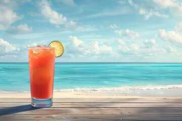Refreshing Summer Cocktail on a Wooden Table with Tropical Beach Background Under Blue Cloudy Sky