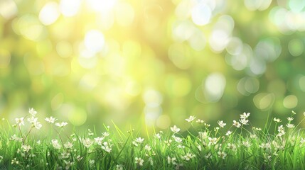 Fototapeta premium Blurred green background with grass field and flower in soft focus space for text