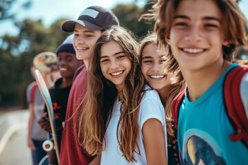 Fototapeta premium Group of smiling teenagers enjoying outdoor activities, skateboarding and hiking on a sunny day, friendship and fun concept