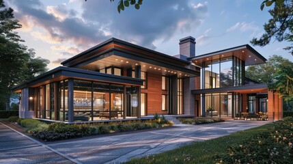 contemporary farmhouse in a suburban setting, with a mix of wood and glass materials and a large, welcoming front porch