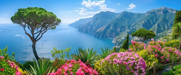Panoramic View of the Amalfi Coast with Blooming Flowers