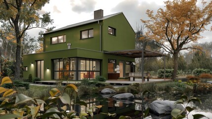 contemporary suburban farmhouse with a striking green exterior, set against a backdrop of mature trees and a serene pond