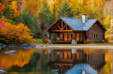 Fototapeta premium Water reflection of a log cabin the woods