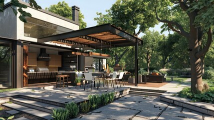 Fototapeta premium modern farmhouse in a suburban setting, featuring an outdoor kitchen and dining area under a pergola, surrounded by mature trees