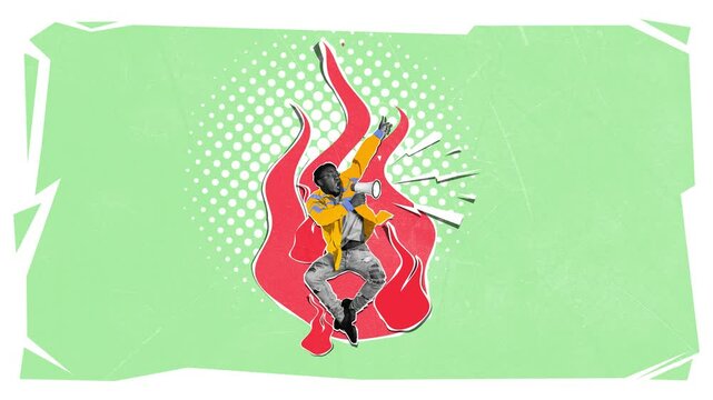 Stop motion, animation. Young stylish african man shouting in megaphone over burning flame. Social equality. Concept of mass media, freedom of speech, propaganda, news, information