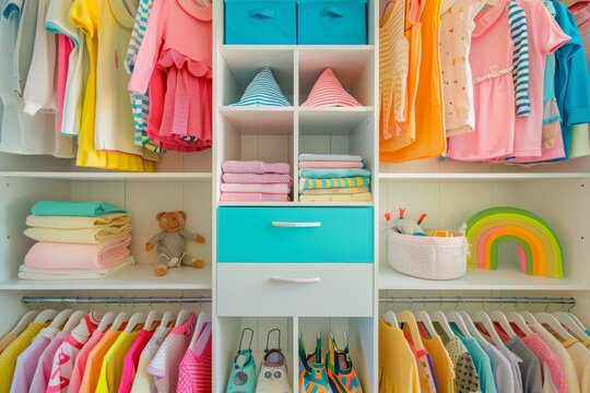 Colorful and organized baby closet with neatly arranged clothes and accessories for nursery organization concept