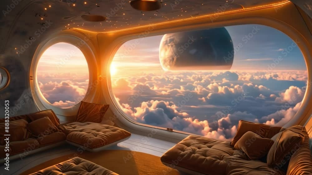 Poster a spacious interior of a spacecraft, showcasing large windows with views of a distant planet and sun