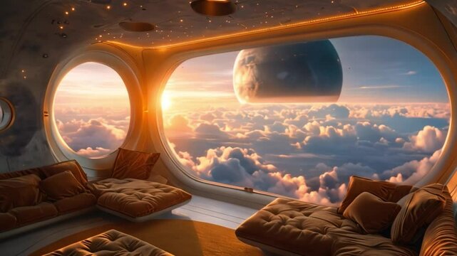 A spacious interior of a spacecraft, showcasing large windows with views of a distant planet and sunlit clouds.