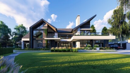 Obraz premium modern farmhouse with a bold, angular design and a monochromatic color scheme, set against the backdrop of a manicured suburban lawn