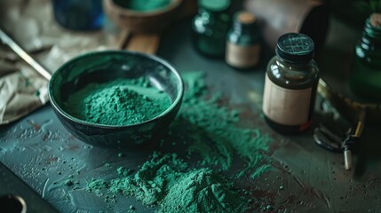 Green powder of beauty chemicals on the table