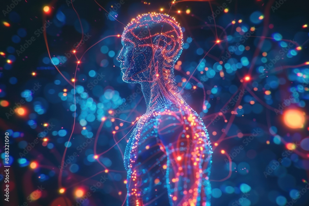 Poster a stylized digital human figure with a glowing brain and network of lines and particles