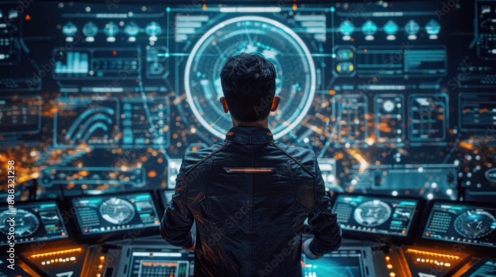 Poster a man in a dark jacket sits in front of a large, glowing control panel with various data visualizati