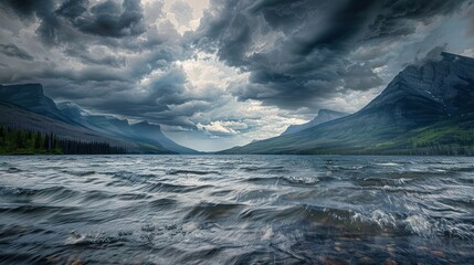 A stormy afternoon , with dark clouds rolling over the mountains and choppy waters reflecting the dramatic, tumultuous sky, emphasizing the wild nature of the landscape.