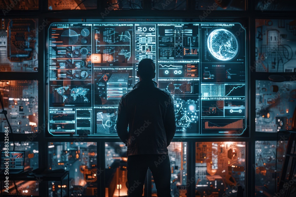 Poster a man stands in front of a large, multi-screen display showcasing digital data, graphs, and network 