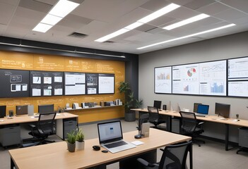 a collaborative office workspace with desktop computers monitors laptops,  marketing plans and business charts on the walls